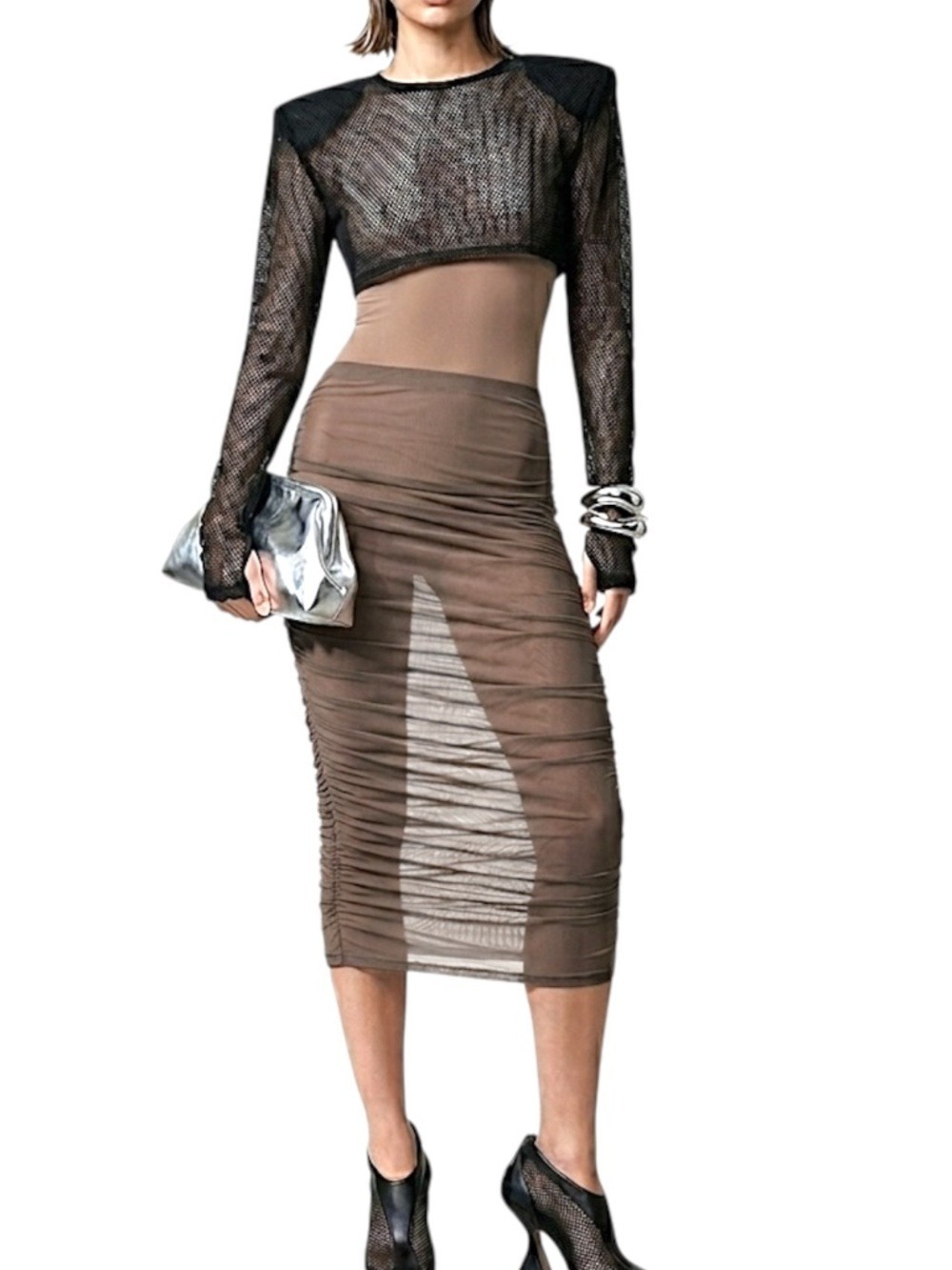 Emporio Armani S/S 21 taupe sheer Ruched Mesh bodycon midi skirt IT 40